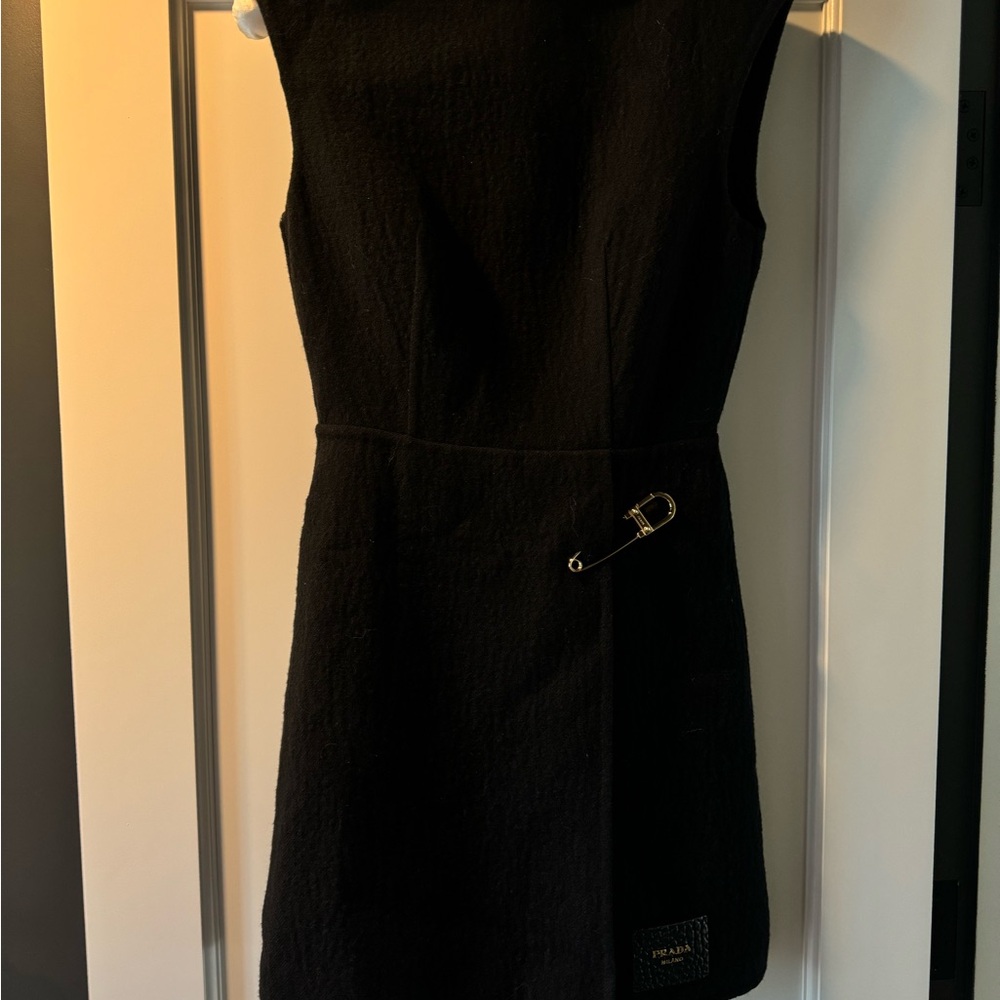 PRADA NTW black wool mini dress with safety pin detail